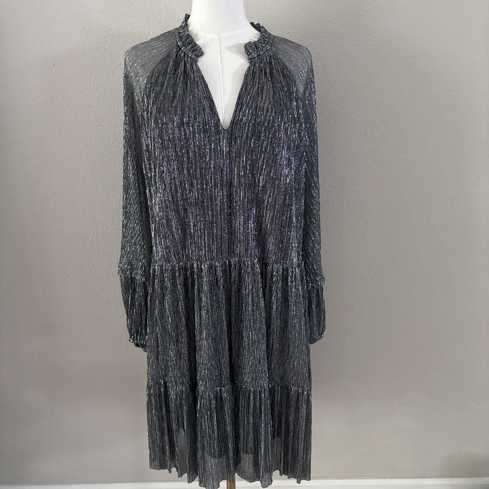 CeCe Womens XL Metallic Silver Lined Dress Long Sleeve Party Holiday